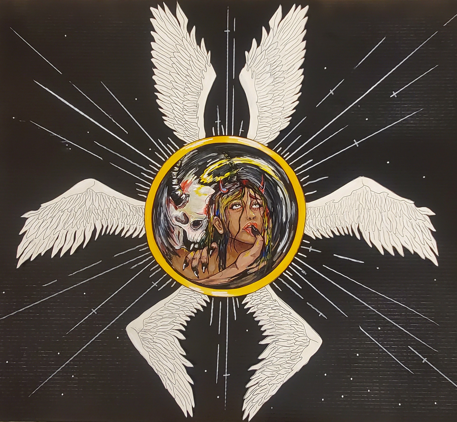 An acrylic and ink art piece that’s on a black Bristol board. On the board, a guys IS shown to be wearing a skull and is presented behind a woman with brown hair and a gold halo. The guy has black fingers that wrap around the woman and go into the woman's mouth. Around them is a gold ring, several wings, and diagonal white lines.